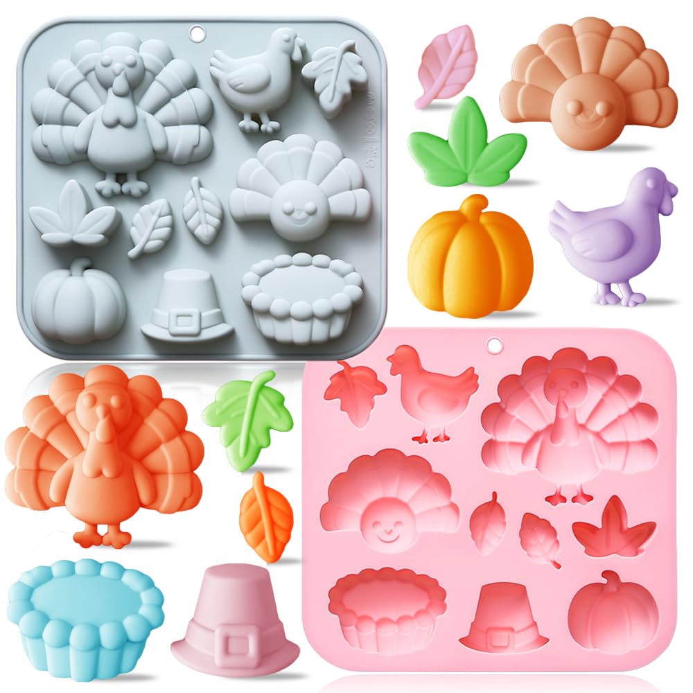 2 Pack Fall Thanksgiving Chocolate Molds Autumn Pumpkin Turkey Maple Leaves Silicone Molds Fall Candy Resin Baking Mold Soap Mold for Halloween Autumn Harvest Cupcake Cake Topper Décor
