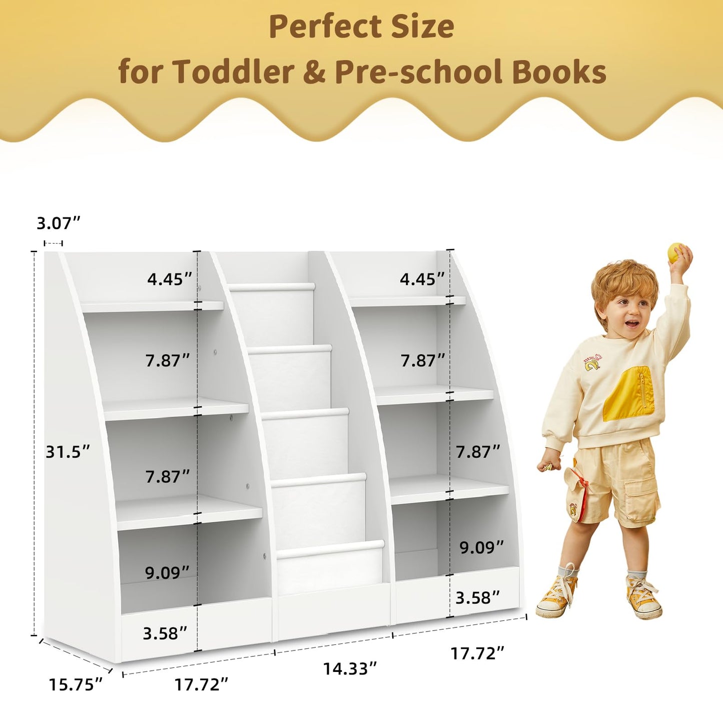 4 Tier Kids Bookshelf, 4 Layer Sling Kids Book Shelf for Kids Rooms, XXL Wood Children Bookcase,Baby Storage Book Rack,Toddler Bookshelf, Book and Toy Organizer,Book Display Shelf for Bedroom, Nursery