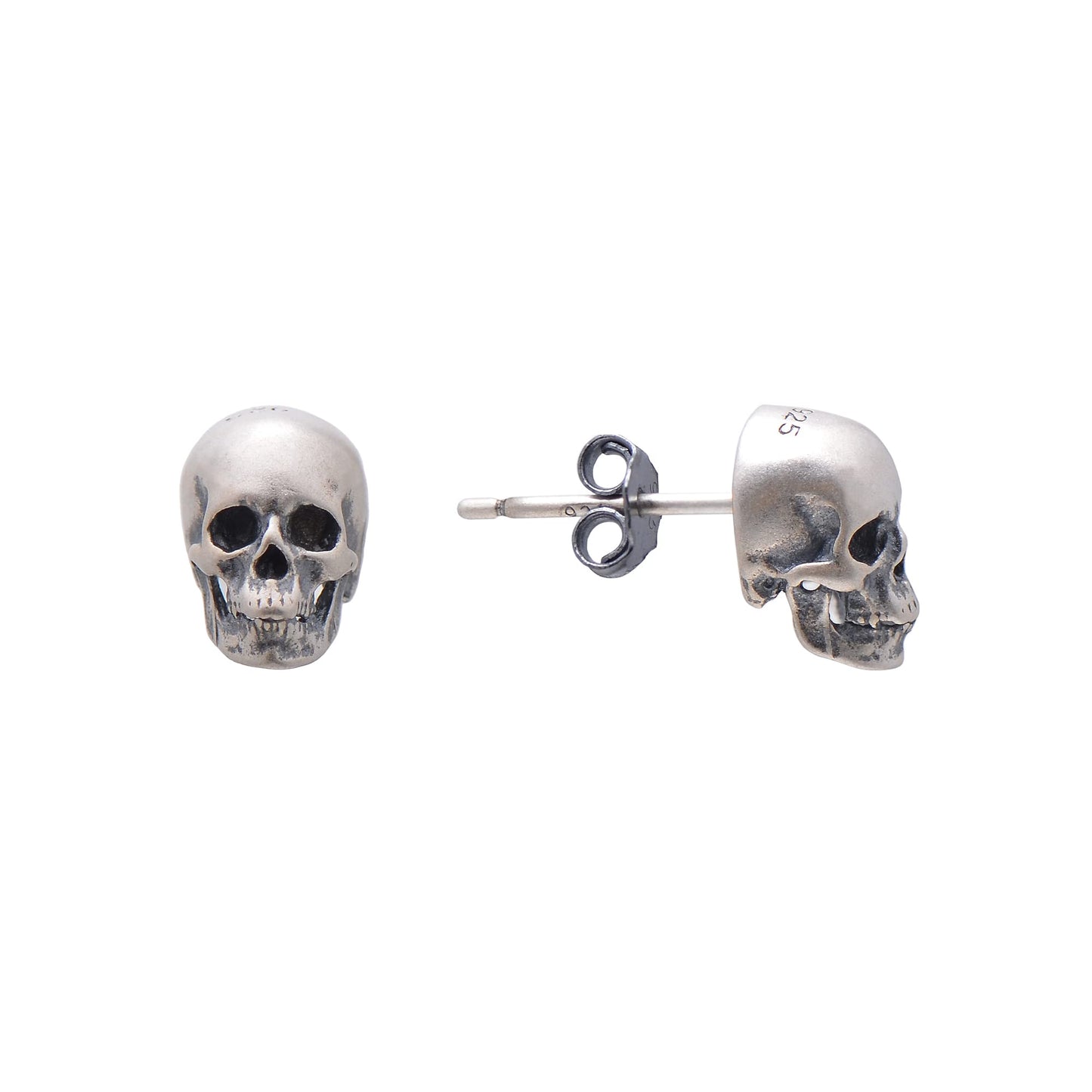 925 Sterling Silver Human Skull Earrings Studs for Men Women Halloween Costume, Oxidized