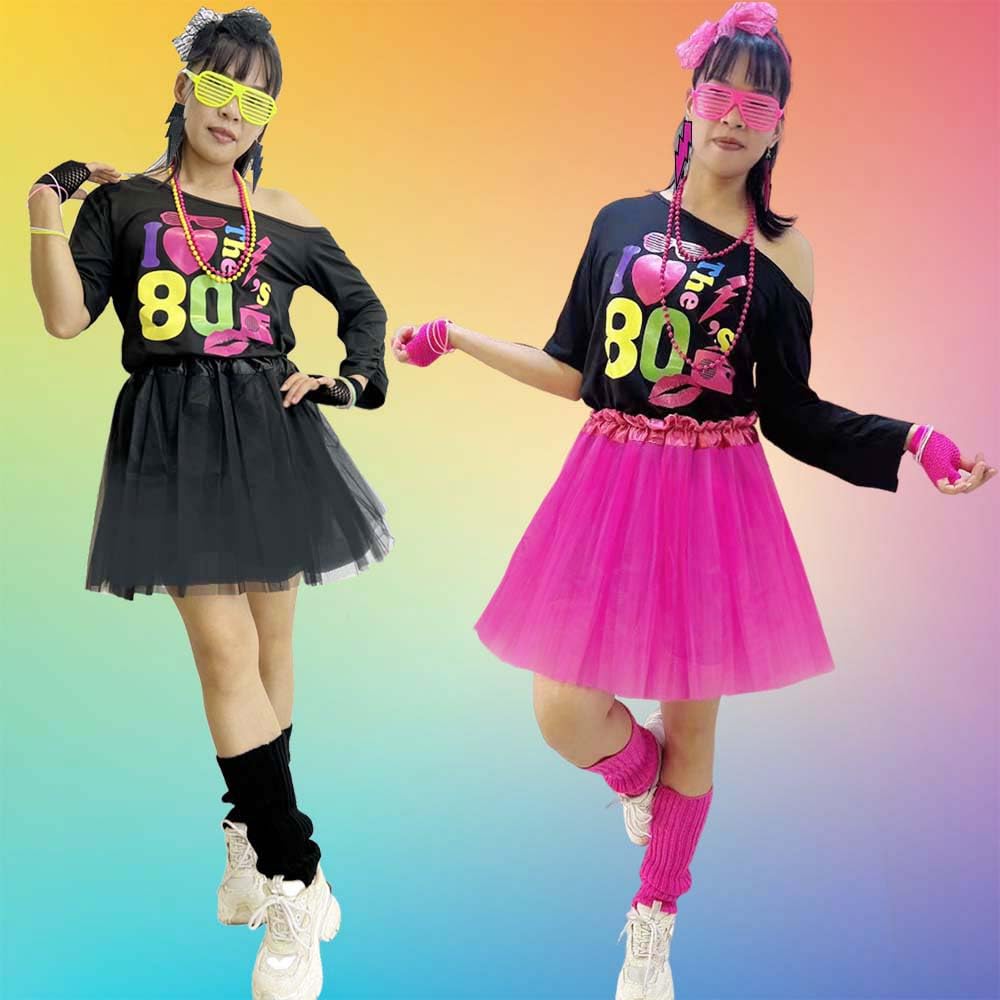 80s Outfits for Women, The 80s Costume Accessories, 1980s T-Shirt Tutu Dress Headband Earring Necklace Fishnet Gloves Legwarmers 21 Pcs Party Halloween Outfit 3XL