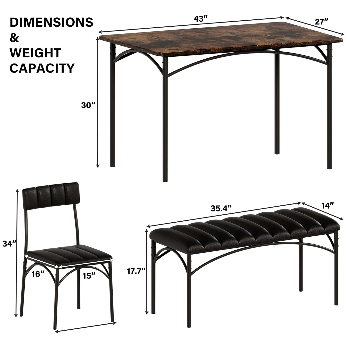 4 EVER WINNER Dining Table Set for 4, Kitchen Table with Upholstered Bench and 2 Chairs, Dining Room Set for Small Space, Apartment, Kitchen, Rustic Brown