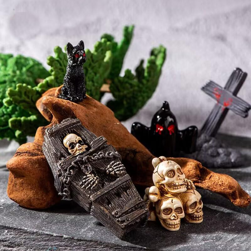 19pcs Halloween Mini Figurines - Creative Miniature Skull Heads, Crow, Tombstone Scene Ornaments Set - Horror Village Collections - Resin Crafts for Party Favors, Tabletop Decor