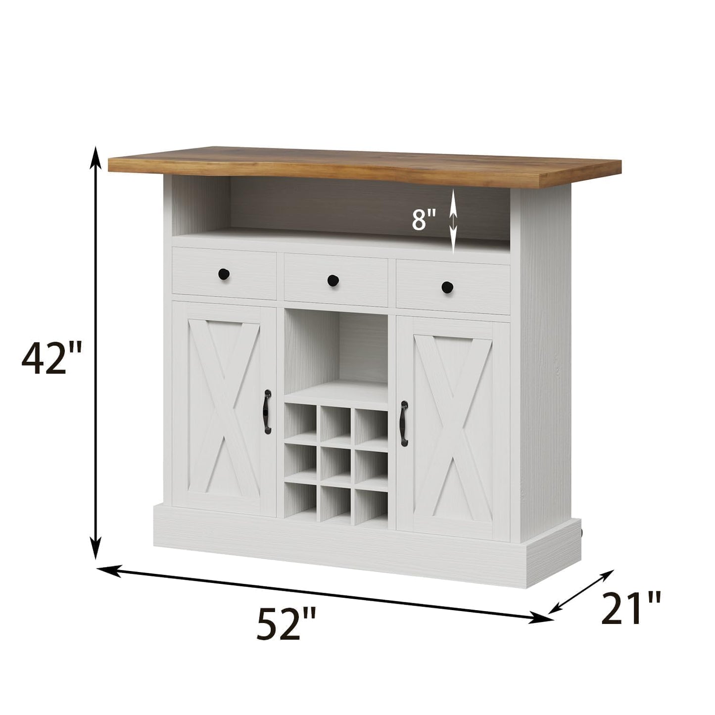 52 Inch Large Home Bar Unit with Foot Rail, 4-Tier Storage Bar Table with 3 Drawers, Farmhouse Wine Bar Cabinet with 9 Wine Rack & 2 Barn Doors, Home Bar Unit with Storage for Living Room, White