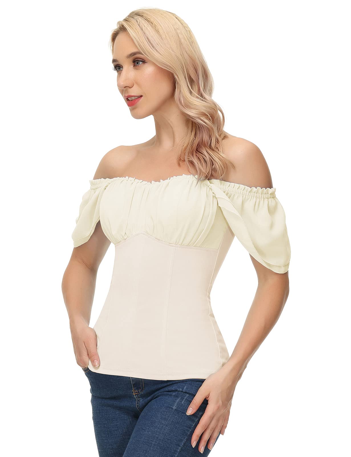 Womens Summer Top Off The Shoulder Vintage Top Flutter Ruffle Sleeve Victorian Shirt Slim Fit Blouse Beige M