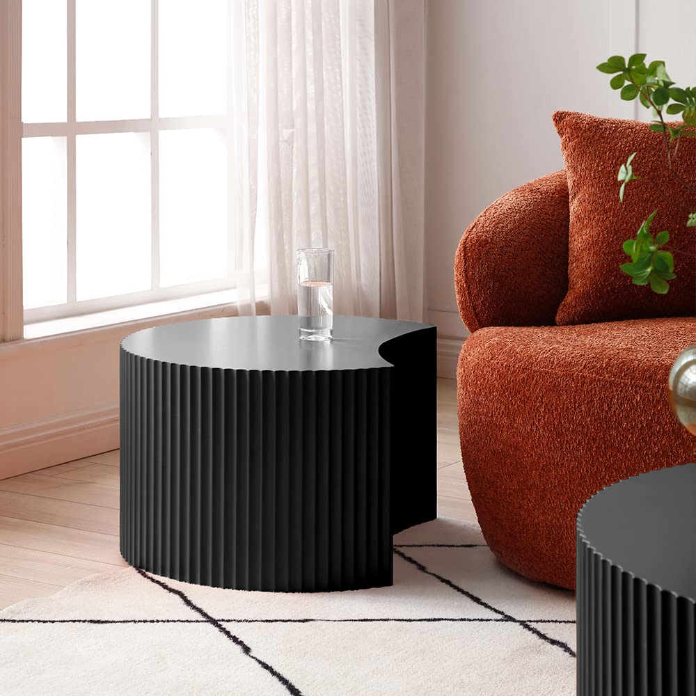 WILLIAMSPACE Nesting Coffee Table Set of 2, Round & Crescent Moon Wooden Coffee Tables, Modern Luxury Accent End Tea Table for Living Room Apartment (Black-Round)