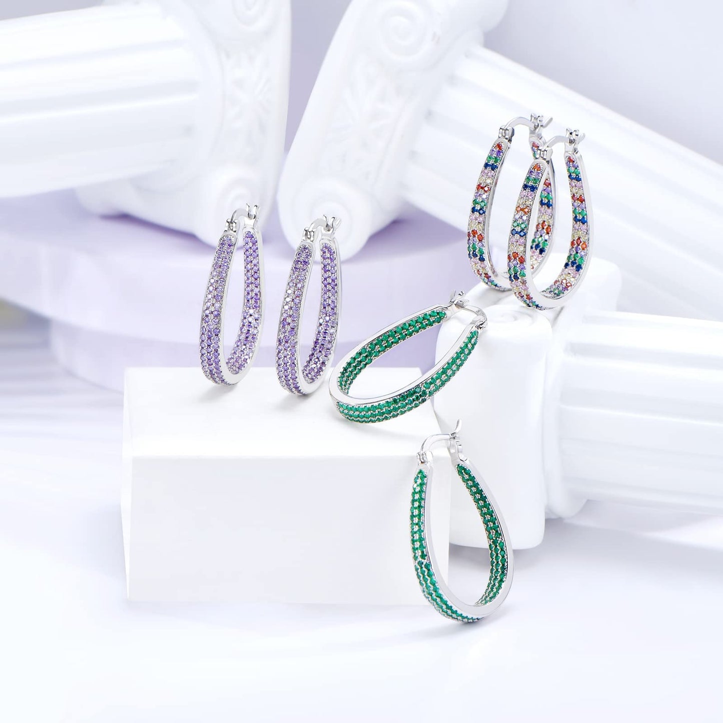 925 Sterling Silver Post Hoop Earrings for Women Gilrs royal Red Cubic Zirconia Oval Chunky Sterling Silver Hoop Earrings weinuo Jewelry