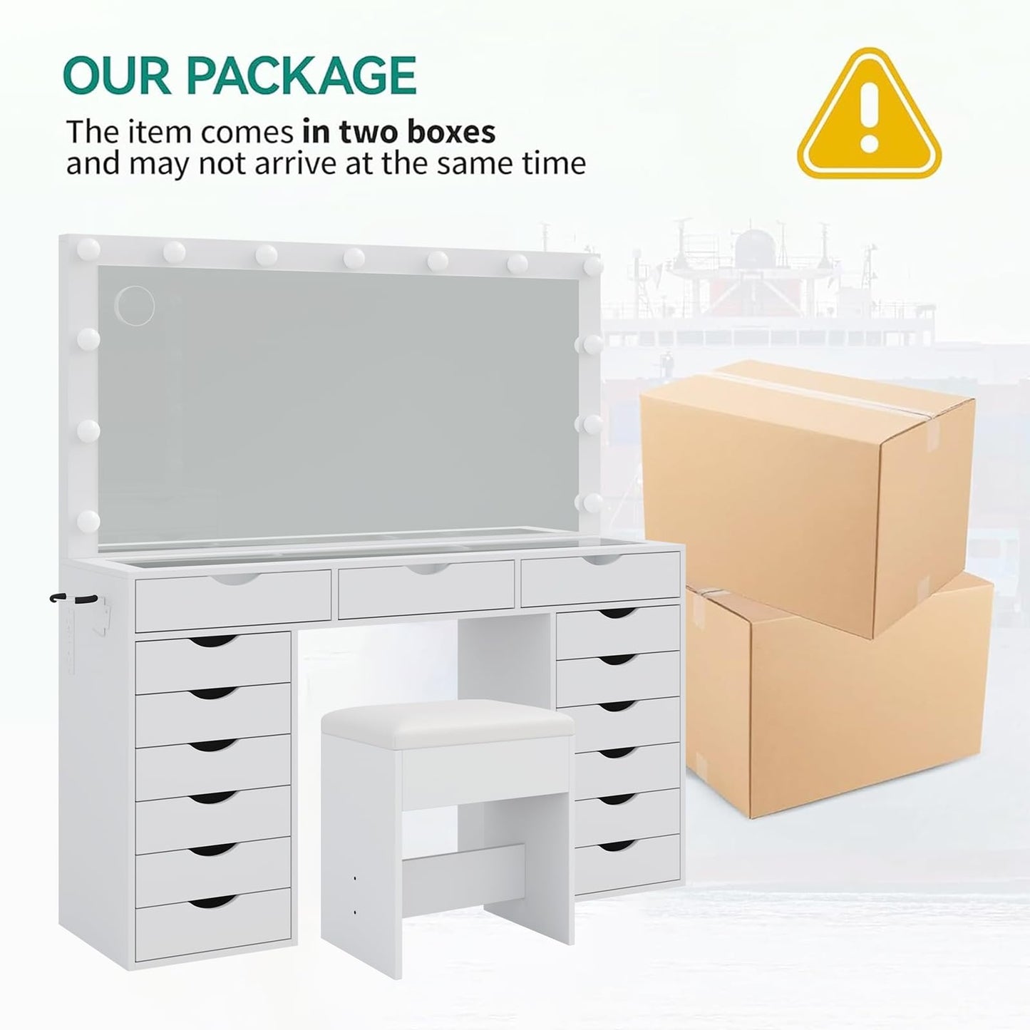 Yanosaku Vanity Desk with Mirror and Lights, Makeup Table with Charging Station, 3 Color Lighting Modes, 15 Drawers Dressing Table, Vanity with Chair for Bedroom, White