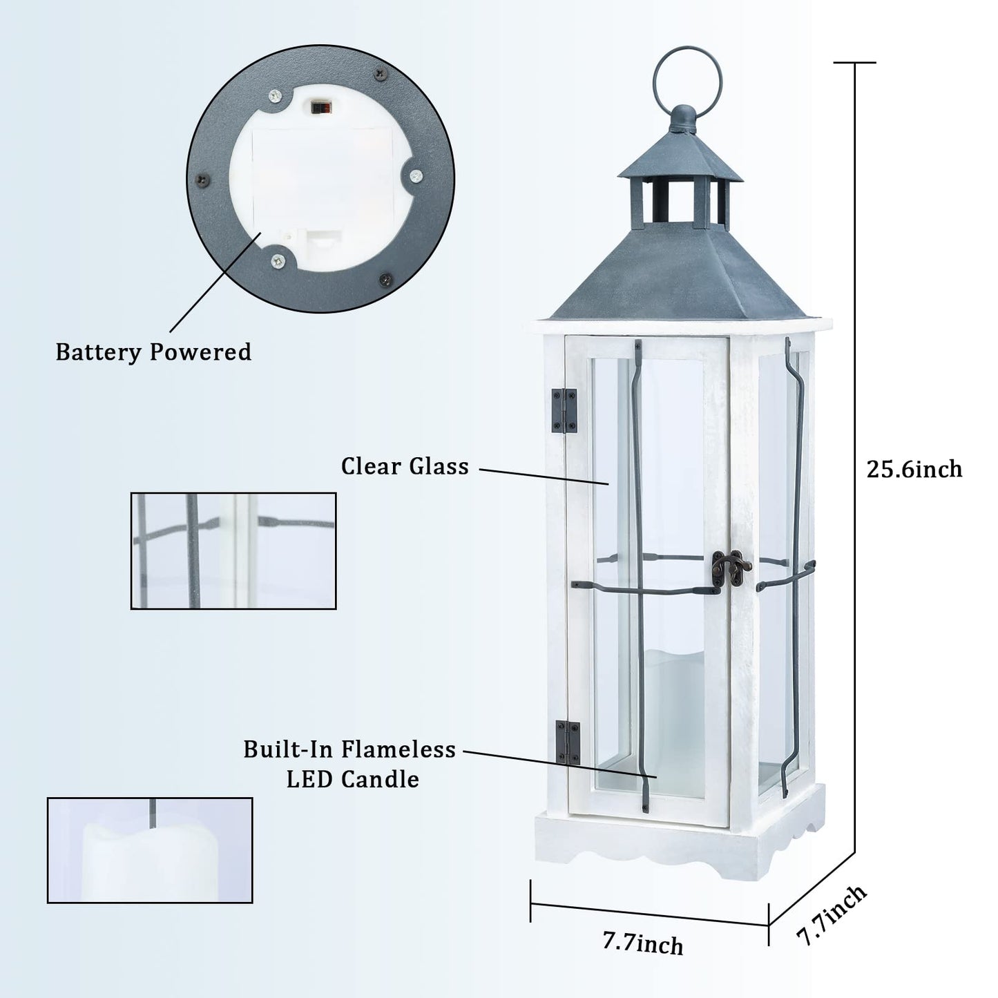 2 Pack 26in Farmhouse White Waterproof Wood Metal Decorative Lanterns with Remote Control, Timer, Tempered Glass, Flameless Pillar Candles, Decorative Lanterns for Home Decor, Front Porch, Wedding