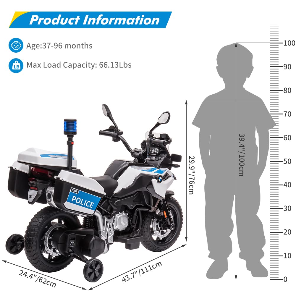 12V 7AH Kids Motorcycle, Licensed BMW Ride On Police Motorcycle, Kids Car with High/Low Speed, 2 Storage Boxes,Warning Lights and LED Headlights,Spring Suspension, Toys for Boys Girls