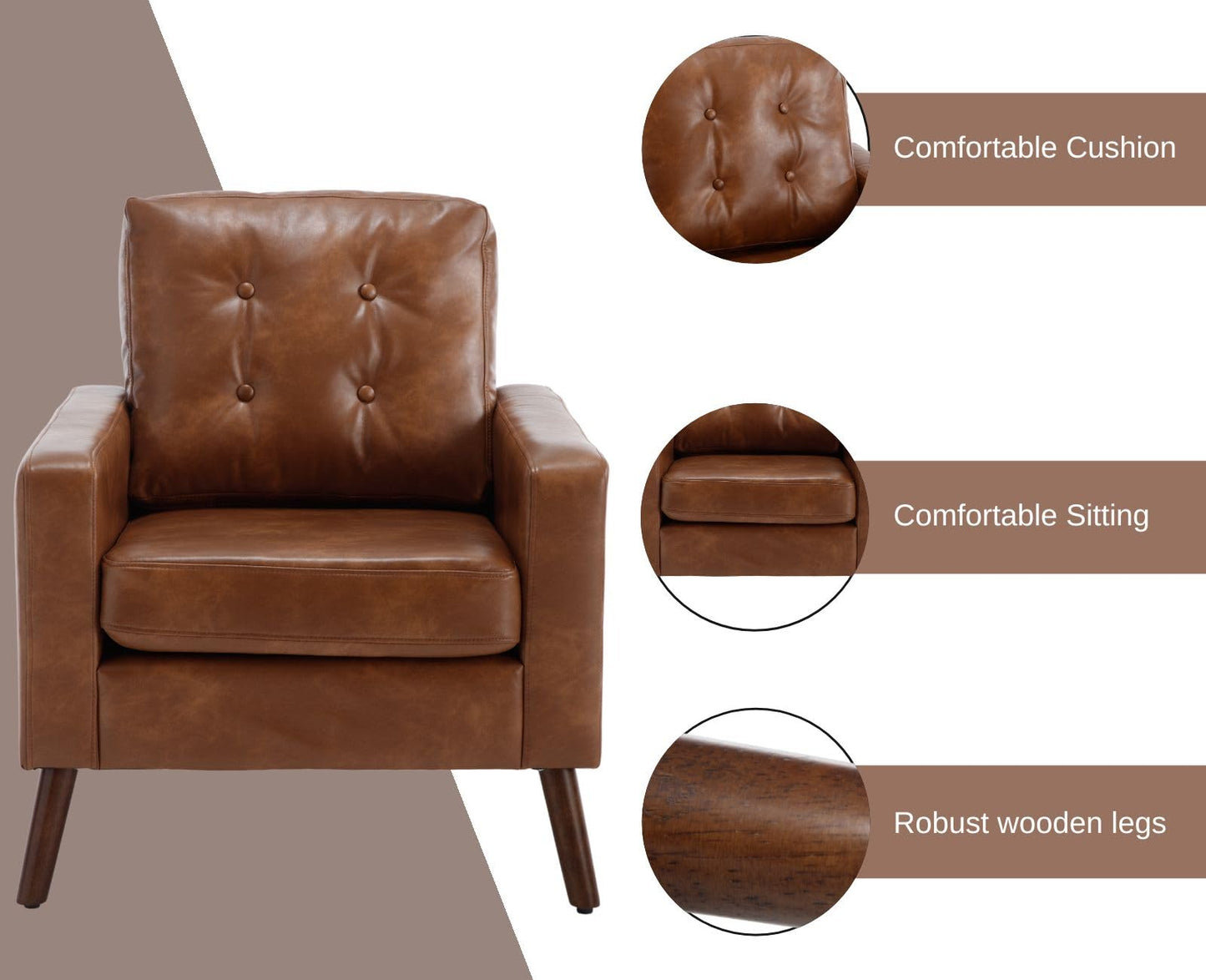 Wahson Office Chairs PU Accent Arm Chair with Tufted Back, Faux Leather Comfy Upholstered Single Sofa, Mid Century Modern Side Club Chair with Wood Legs for Reading/Living Room/Bedroom, Caramel
