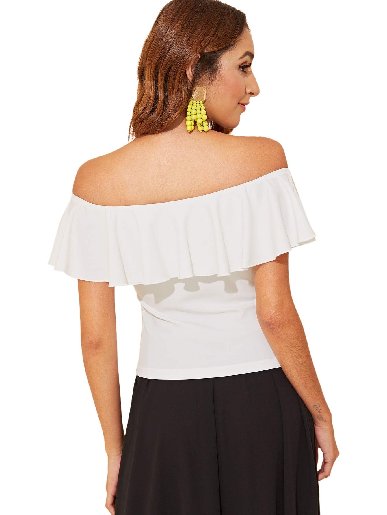 WDIRARA Women's Stretchy Off Shoulder Flounce Sleeve Sexy Slim Blouse Tops Shirt White Medium