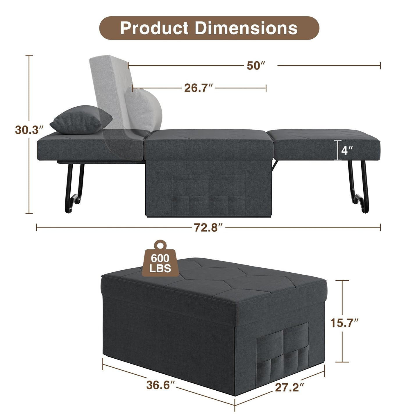 4 in 1 Sleeper Chair, Convertible Sleeper Sofa with Ottoman, Ottoman Bed for Adults, Sofa Bed with Adjustable Backrest for Living Room Apartment Office, Dark Grey