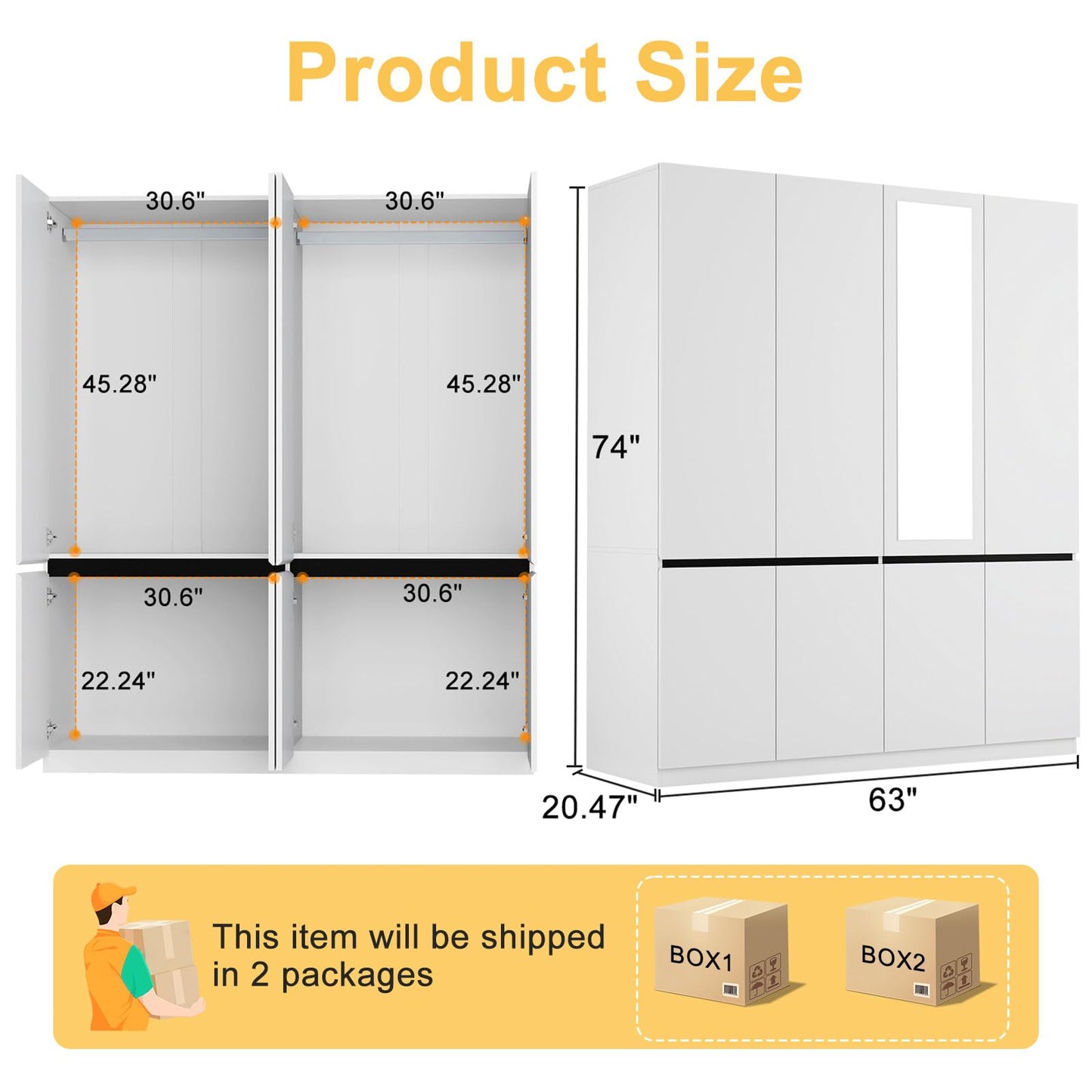 Wakefit 4 Doors Armoire Wardrobe Closet with Mirror, Wooden Bedroom Armoires with Hanging Rod, Freestanding Wardrobe Cabinet for Bedroom, Guest Room, White(20.47" D x 63" W x 74" H)
