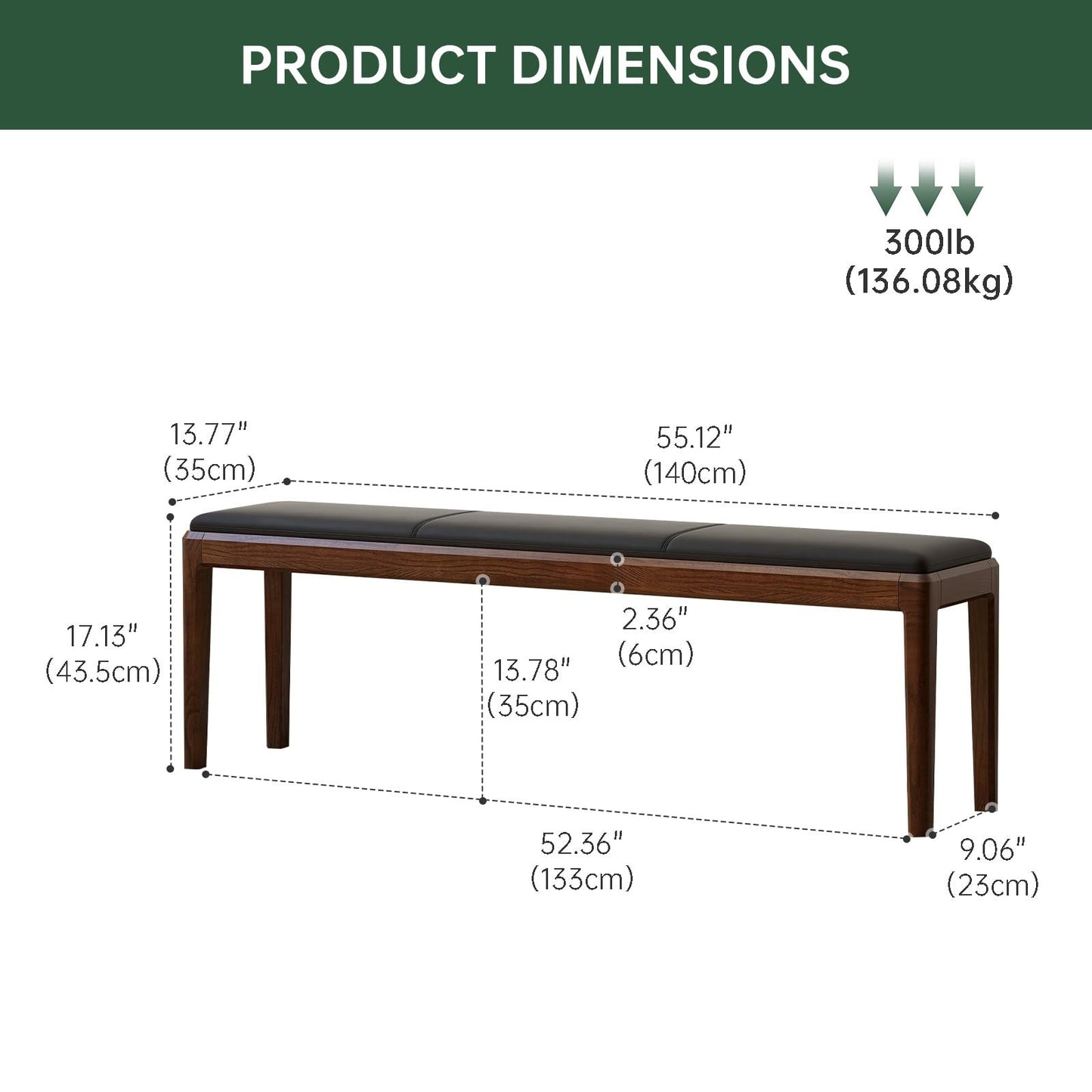 Wayshome 55.1'' Leather Upholstered Dining Bench with 100% Solid Oak Wood Bench Frame, 13.8'' Widened Padded Bed End Bench Ottoman for Kitchen Living Room Bedroom Entryway, Black