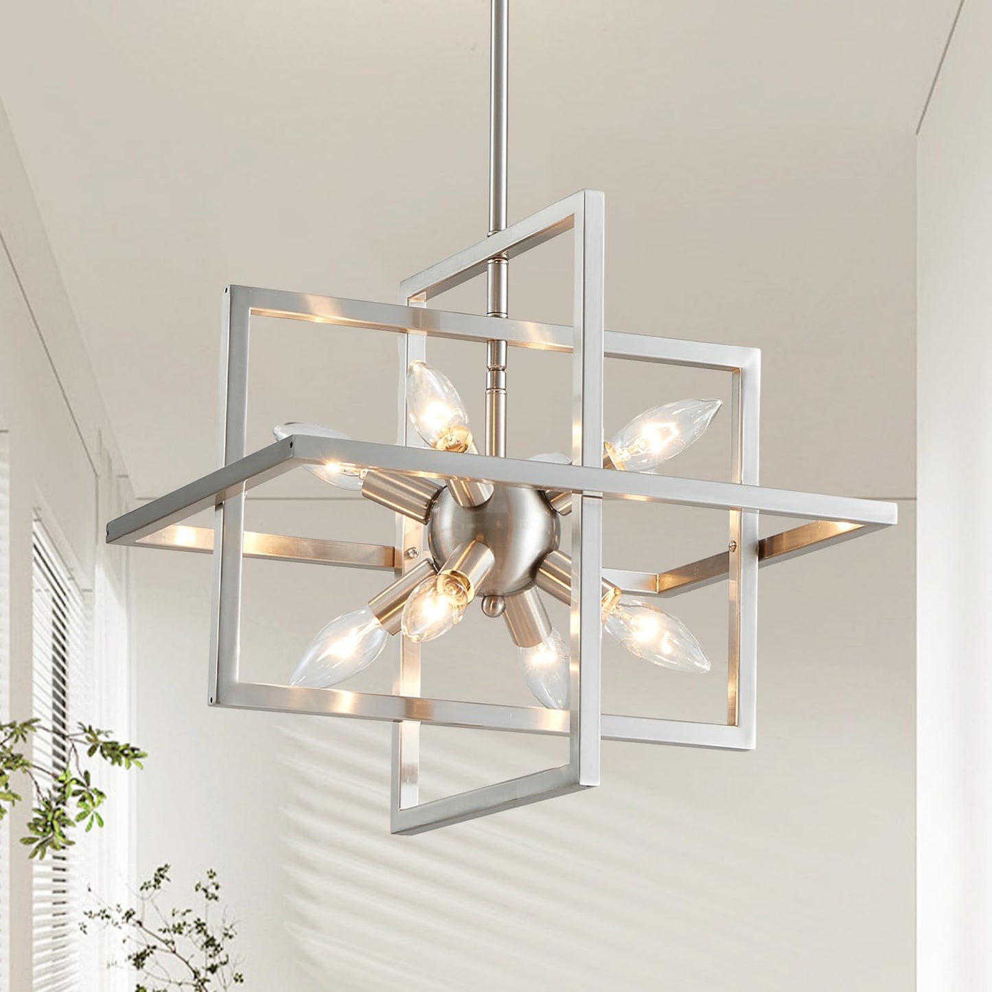 XINGQI Modern Chandelier 8-Light Brushed Nickel Geometric Pendant Lighting Farmhouse Ceiling Light Fixtures for Dining Room Living Room Kitchen Island Bedroom Hallway