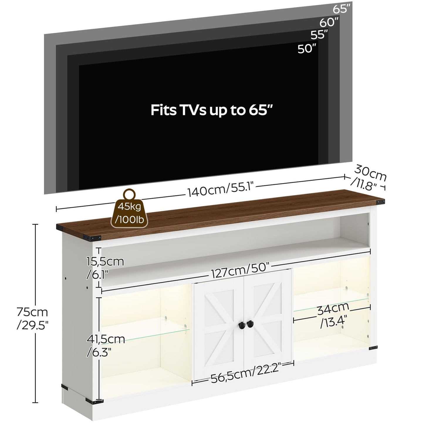 YATINEY Farmhouse TV Stand for 65 Inch, Entertainment Center with Sensor LED Light, Media TV Console Table with Storage Cabinet and Glass Shelves, for Living Room, Bedroom, White and Walnut DS06WN
