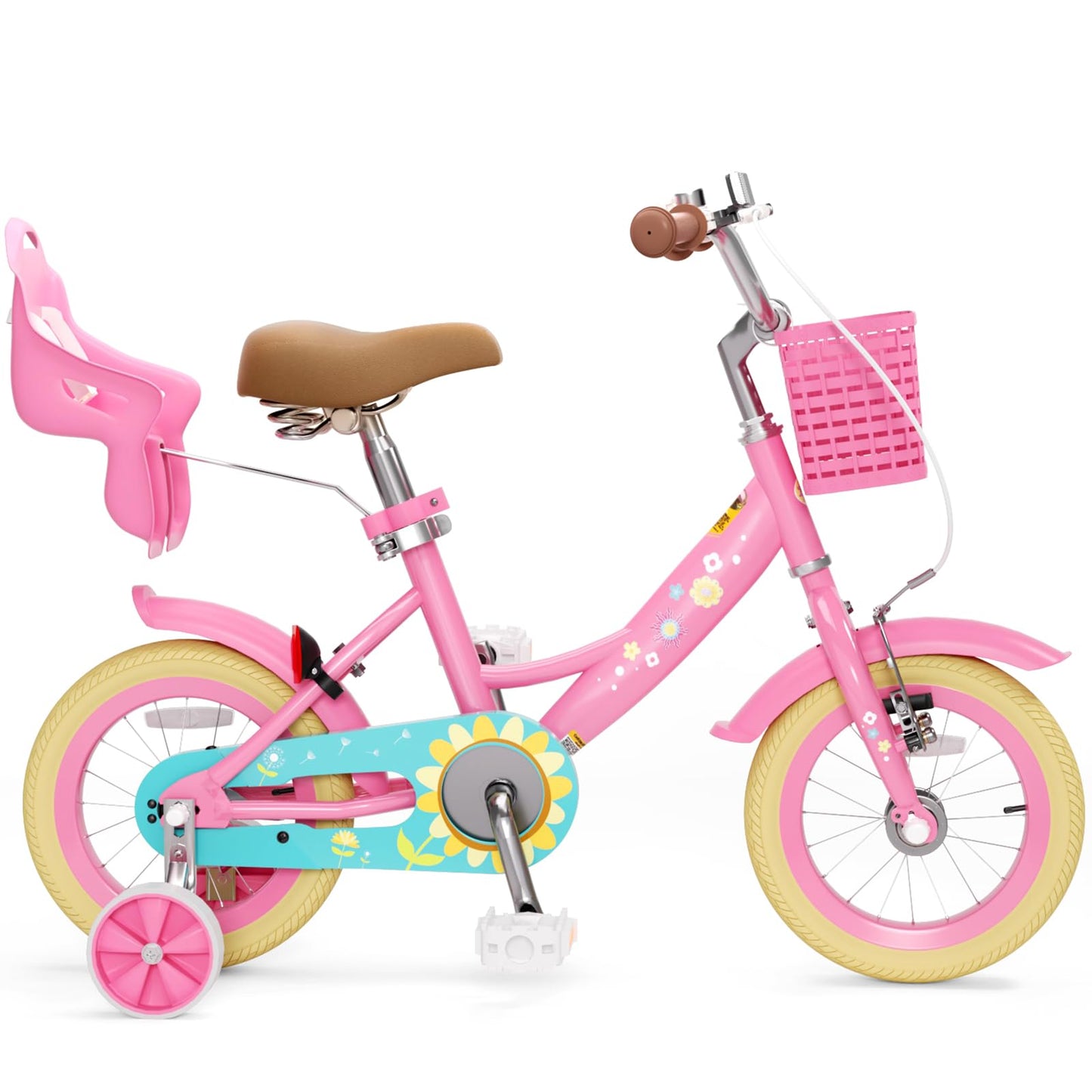 XJD Girls Bike for Toddlers and Kids Ages 2-12 Years Old,12 14 16 Inch Kids Bike with Training Wheels & Basket (12 Inch with Training Wheels, Flower Pink)
