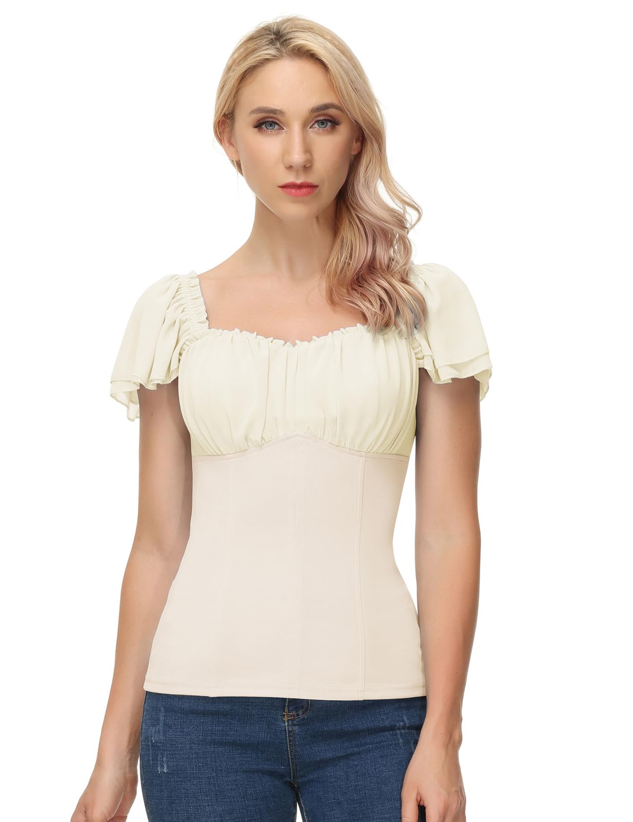 Womens Summer Top Off The Shoulder Vintage Top Flutter Ruffle Sleeve Victorian Shirt Slim Fit Blouse Beige M