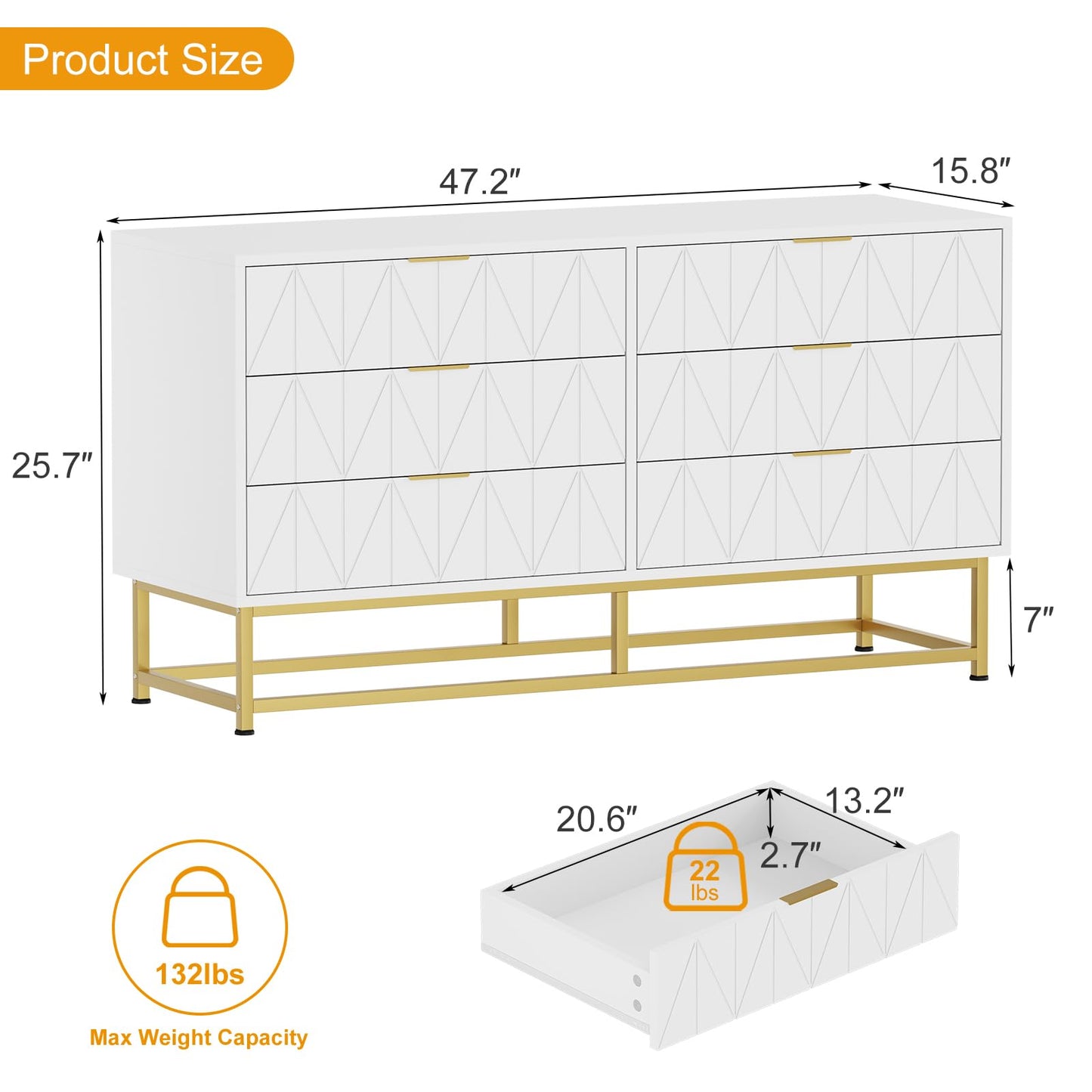 6 Drawer Dresser for Bedroom with Metal Legs, Storage Chest Cabinet Organizer for Living Room,Hallway,Entryway - White