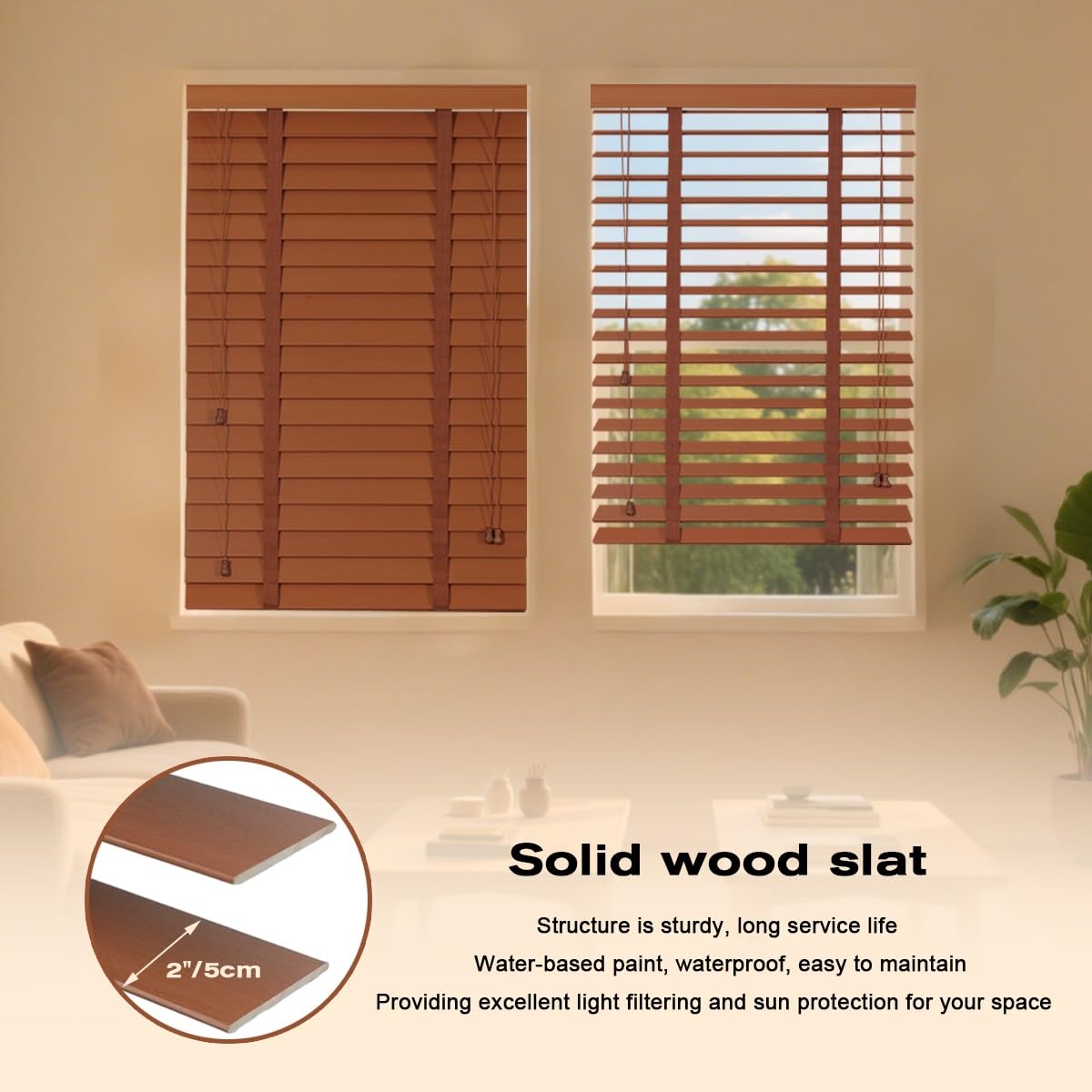 2" Slats Faux Wood Blinds, Room Darkening Cordless Horizontal Blinds Shades, Privacy Blackout Wooden Blinds for for Indoor Windows, Home, Office, Bedroom, Bathroom, Living Room