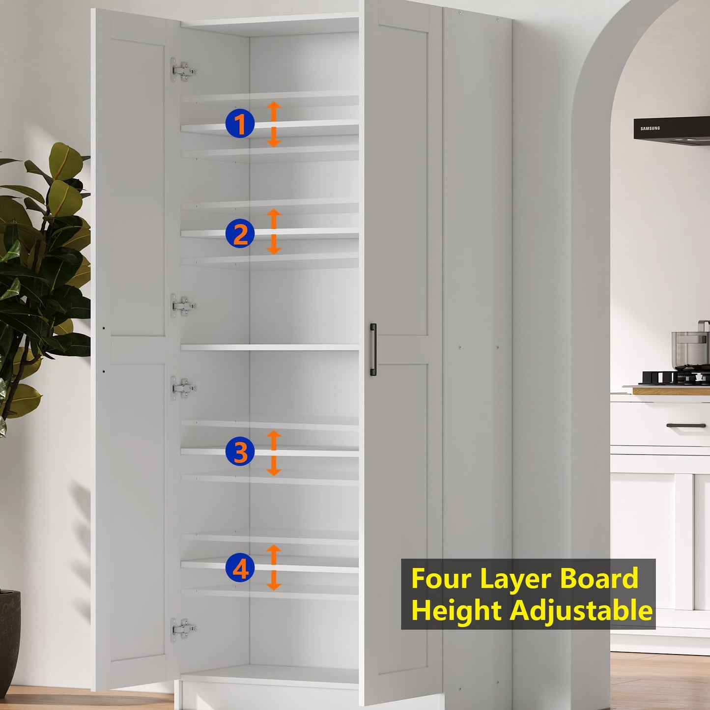 White Tall Kitchen Pantry Cabinet Organizers and Storage with Doors and Adjustable Shelves,Wood Large Gabinetes Para Cocina Office Bookshelf for Laundry Room Cabinets (31.5”W*15.7”D*71”H)