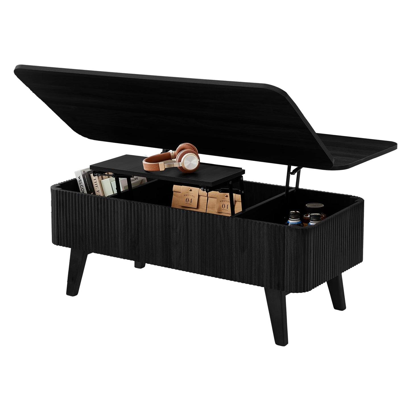 3 in 1 Lift Top Coffee Table, Fluted Convertible Coffee Tables Converts to Dining Tables, Modern Oval Wooden Center Table with Storage for Living Room Office Small Space, Partial Assembly (Black)