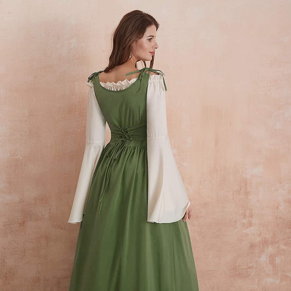 Abaowedding Womens's Medieval Renaissance Costume Cosplay Chemise and Over Dress Small/Medium Green and Ivory