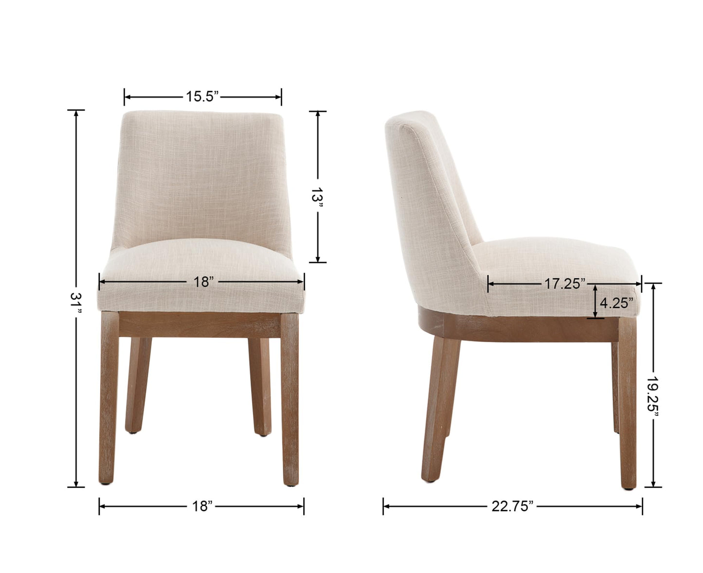 Wahson Modern Dining Chairs Set of 2, Curved Backrest Dining Chairs, Side Chairs with Natural Solid Wood Legs, Upholstered Fabric Dining Room Chairs for Dining Room Kitchen, Beige