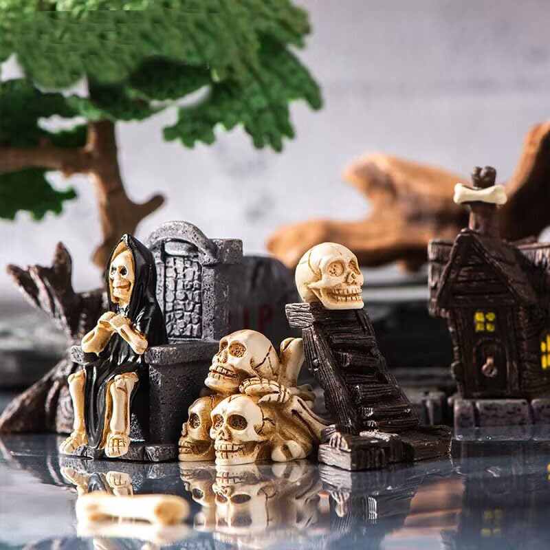 19pcs Halloween Mini Figurines - Creative Miniature Skull Heads, Crow, Tombstone Scene Ornaments Set - Horror Village Collections - Resin Crafts for Party Favors, Tabletop Decor