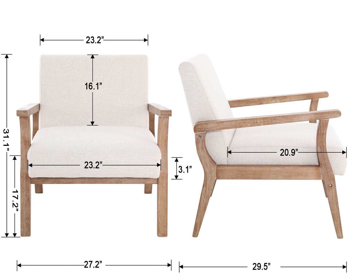 Wahson Comfy Living Room Chairs Set of 2, Linen Upholstered Accent Chairs, Farmhouse Armchairs with Natural Wood Frame, Oversized Decorative Chair for Bedroom, Beige