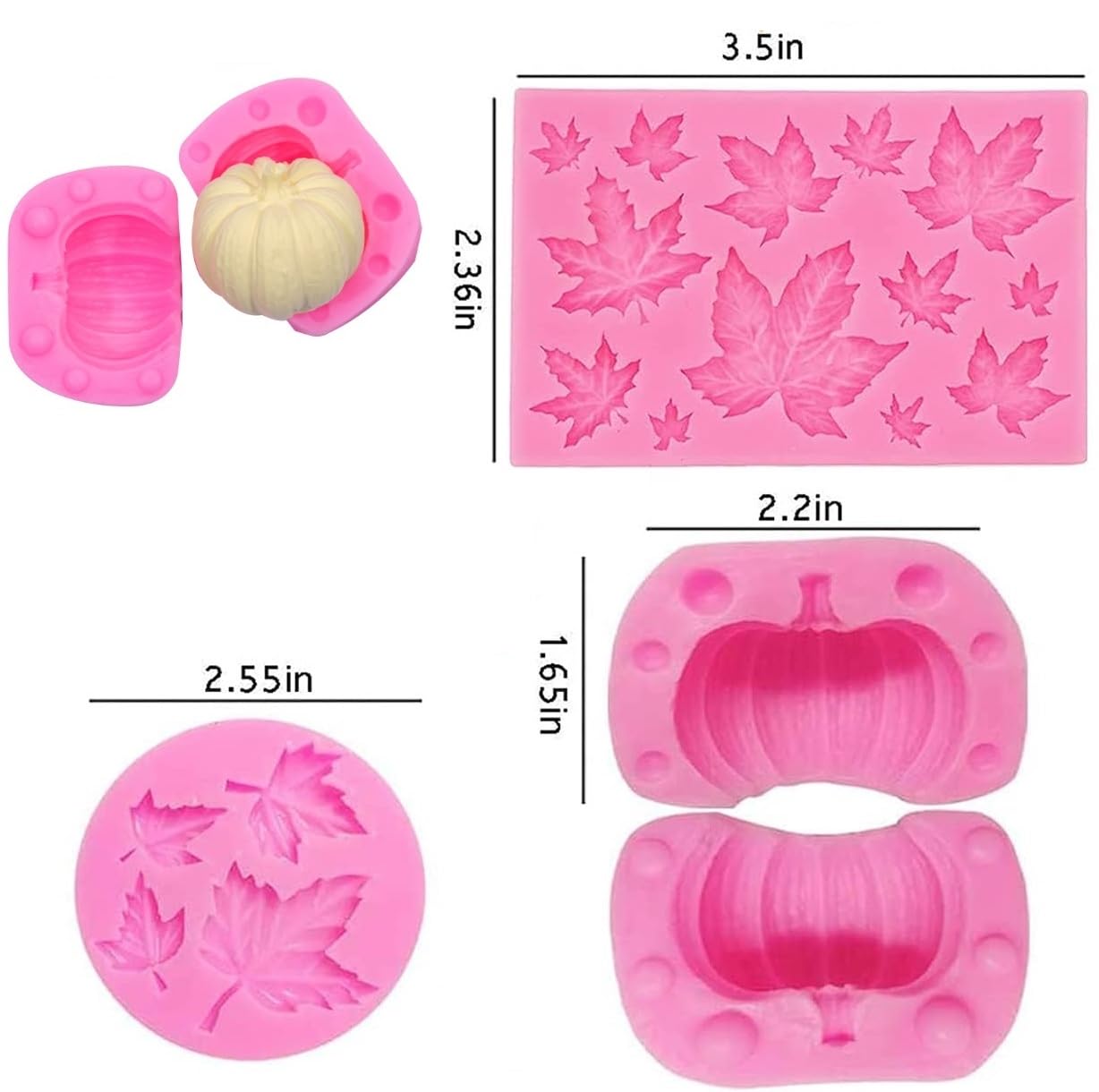 4Pcs 3D Pumpkin Silicone Mold Fall Thanksgiving Theme Silicone Mold Pumpkin Maple Leaves Fondant Molds for Autumn Harvest Making Cupcake Chocolate Cookie Candy Cake Decoration