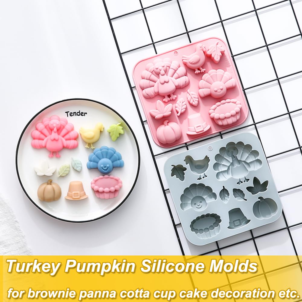 2 Pack Fall Thanksgiving Chocolate Molds Autumn Pumpkin Turkey Maple Leaves Silicone Molds Fall Candy Resin Baking Mold Soap Mold for Halloween Autumn Harvest Cupcake Cake Topper Décor