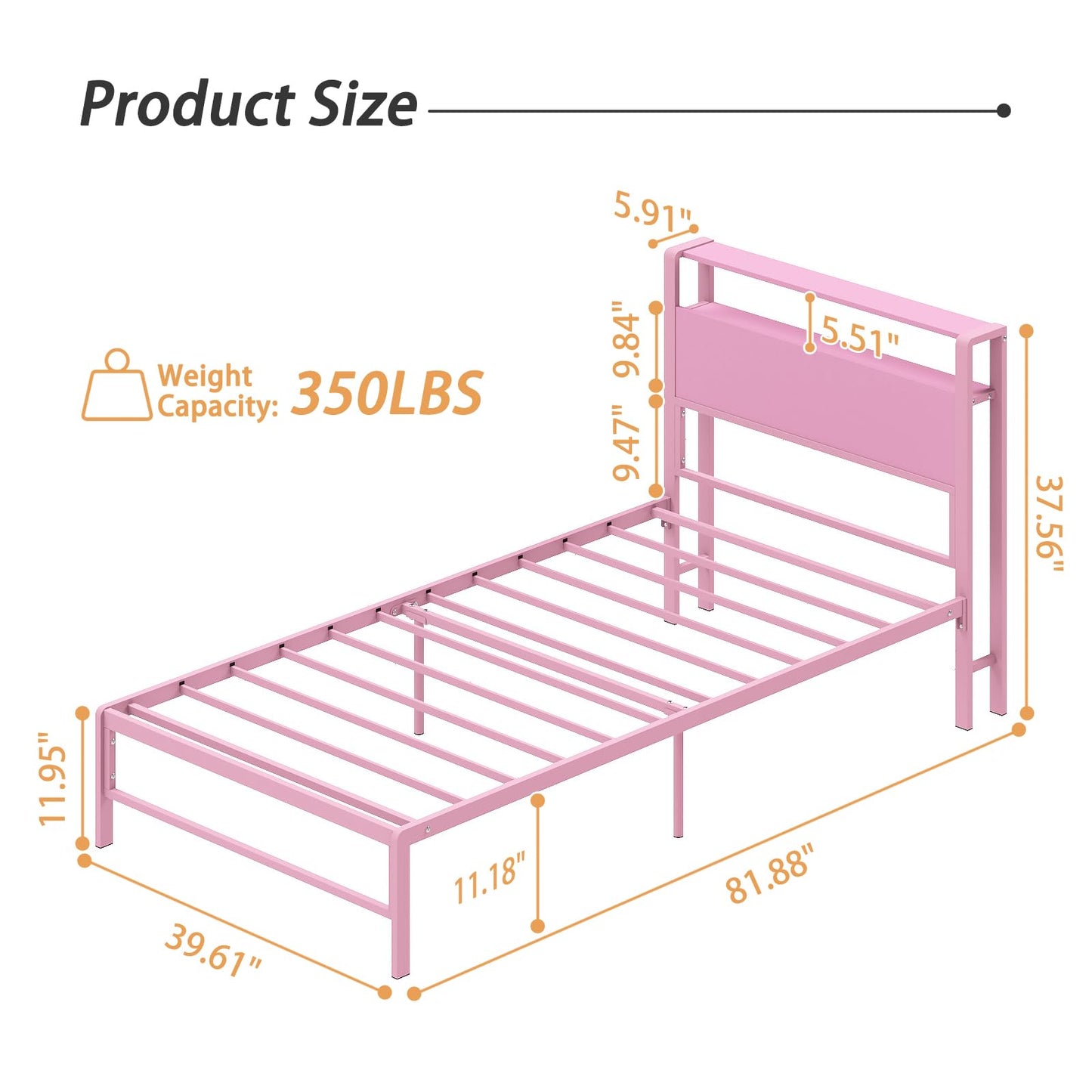 Weehom Twin Bed Frames for Kids with 2 Tiers Wood Storage Shelves Headboard, Twin Size Bed No Box Spring Needed Easy Assembly Metal Platform for Girls and Adults, Pink