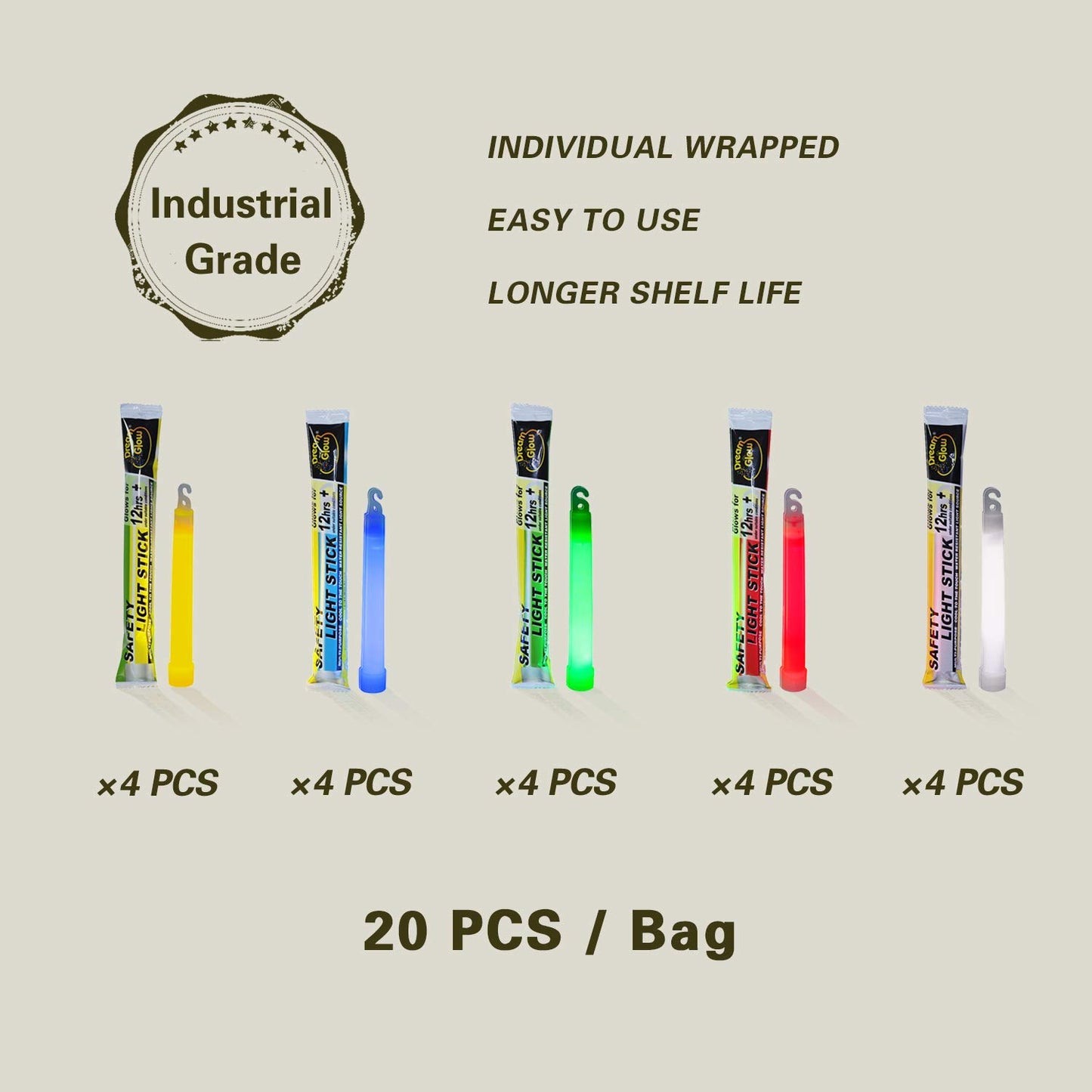 20 Industrial Grade Glow Sticks/Ultra Bright Light Sticks - Emergency Light Sticks for Camping Accessories, Hurricane Supplies,Earthquake, Survival Kit and More - Lasts Over 12 Hours (Multi Color)