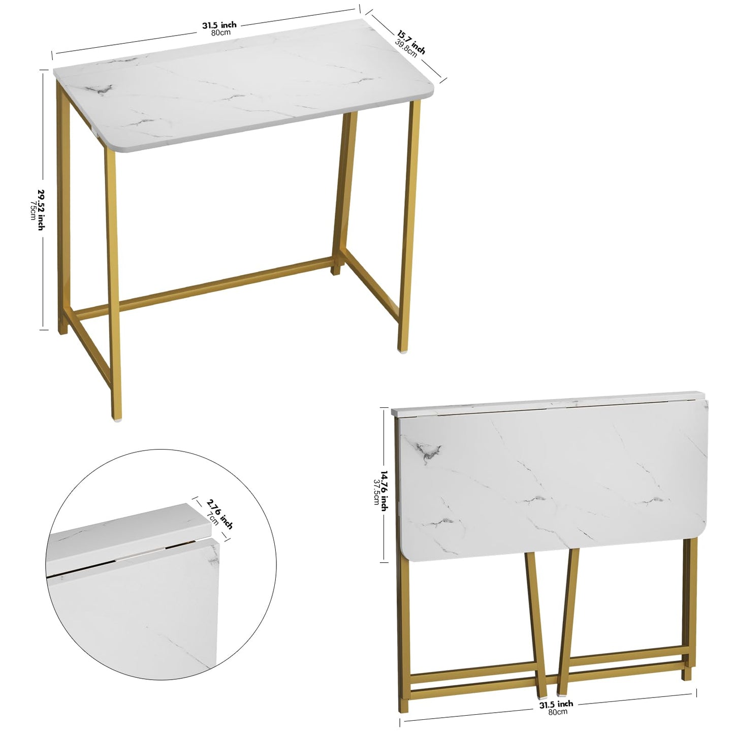 WOHOMO White Faux Marble Folding Desk, 31.5" Small Desk for Small Spaces with Gold Legs, Easy Assemble Foldable Computer Desk, Mini Portable Working Table for Home Office, White and Gold