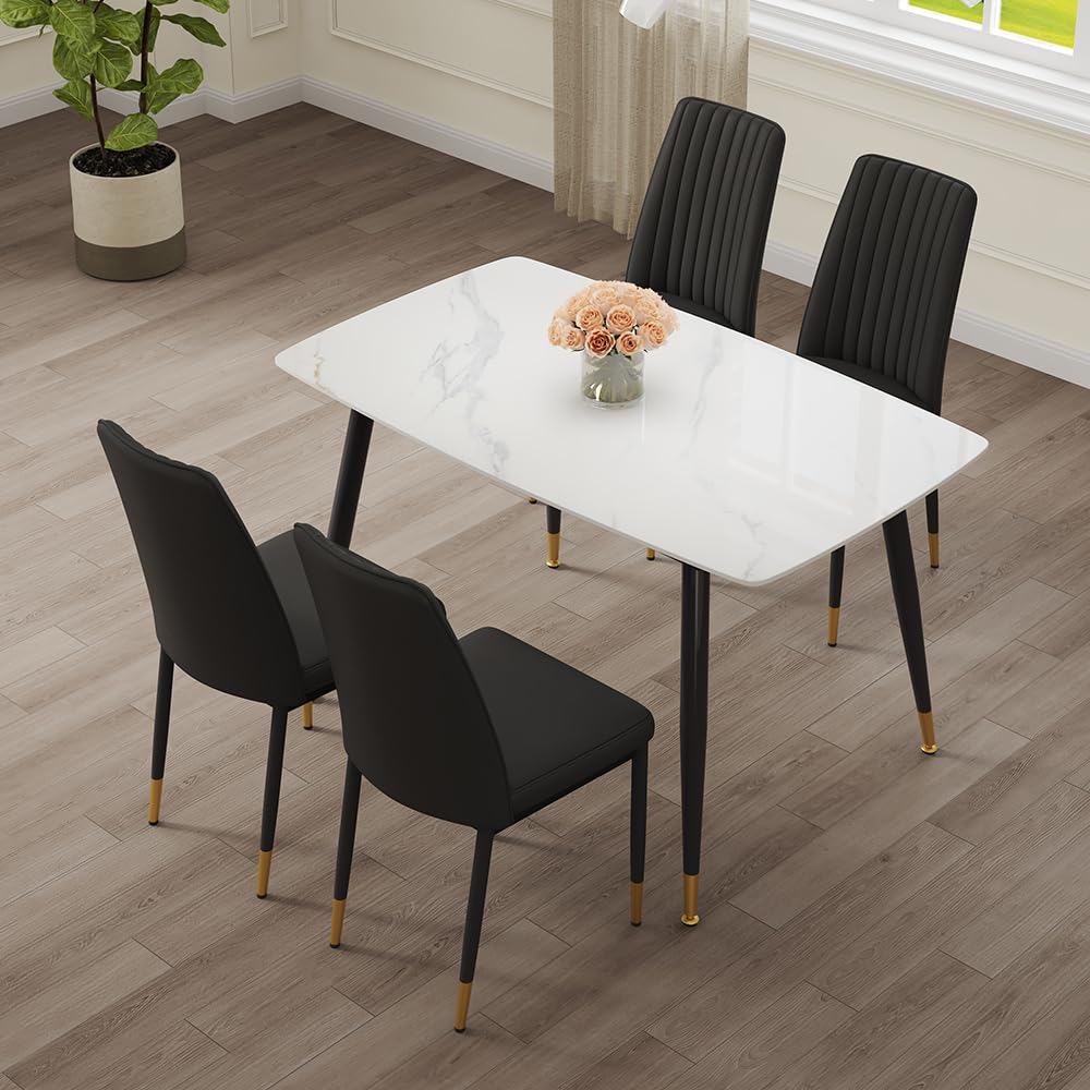 WEKEOT 50" White Marble Dining Table Set for 4 - Sintered Stone Tabletop & 4 Upholstered PU Leather Chairs - Modern Dining Room Set for Small Spaces (1 White Table + 4 Black Chairs)