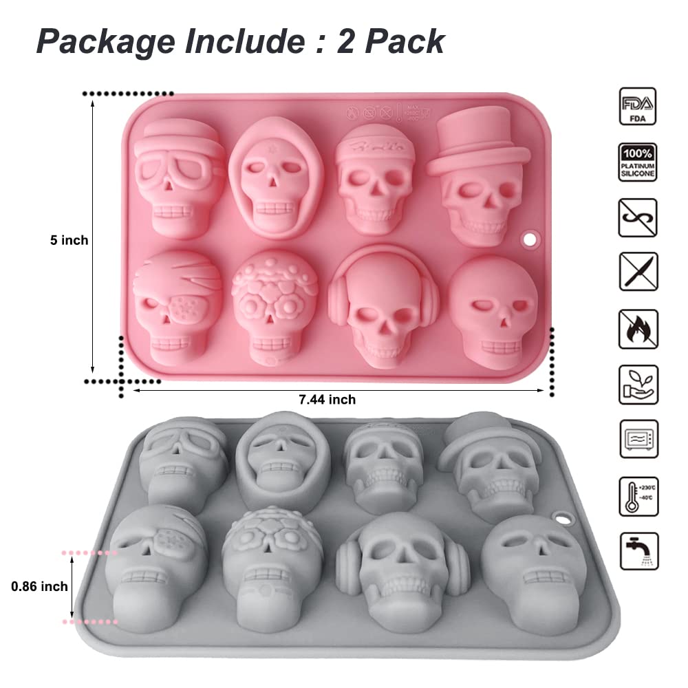 2 Pack 3D Skull Silicone Molds 8 Cavity Skull Themed Baking Mould Tray DIY Baking Tool for Chocolate Cake Dessert Candy Mousse Pastry Handmade Soap Cupcake Topper