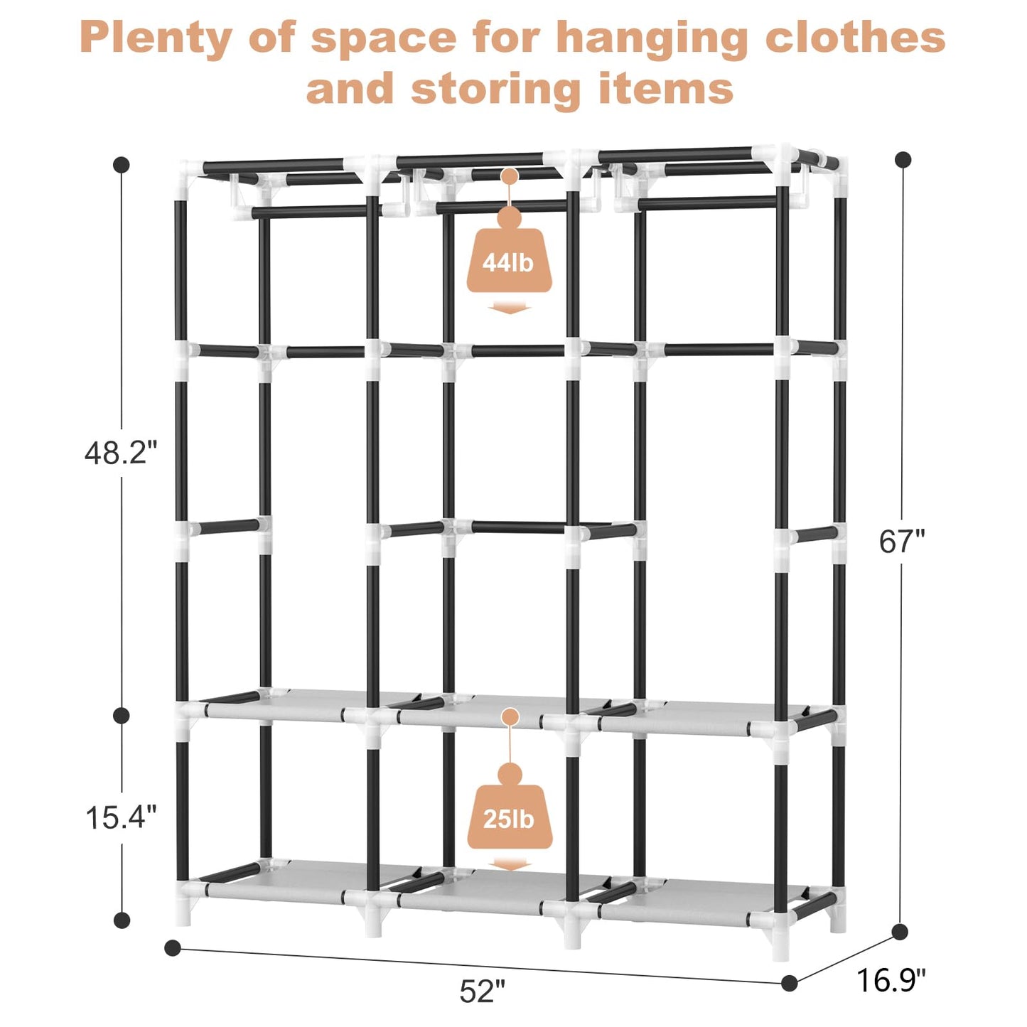 VTRIN Portable Closet Wardrobe for Hanging Clothes Closet with Cover, 3 Hanging rods, 6 Storage Shelves and Side Pocket, Diameter 19mm Metal Pipe, Sturdy Free Standing Closet for Bedroom