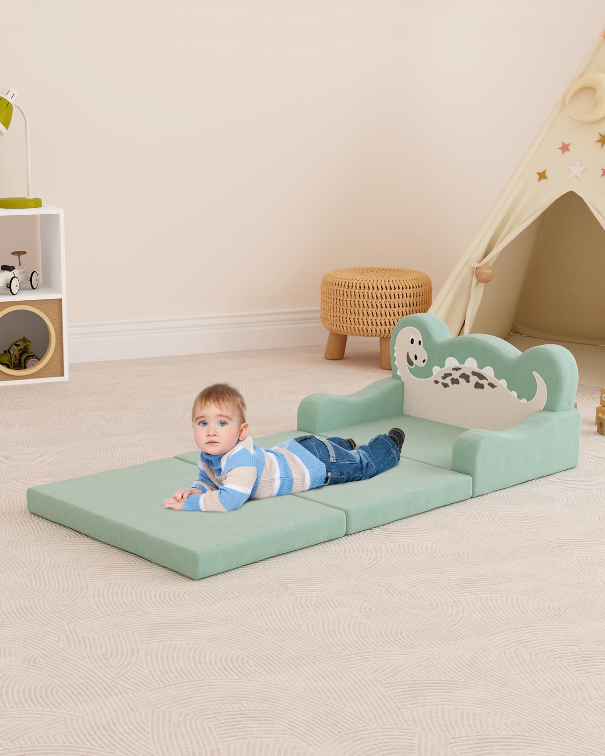 YACODAVO 2-in-1 Kids Couch Fold Out, Convertible Toddler Couch to Lounger, Toddler Chair Comfy, Kids Sofa for Girls and Boys, Gift for Birthday, Children's Day, Dinosaur Green