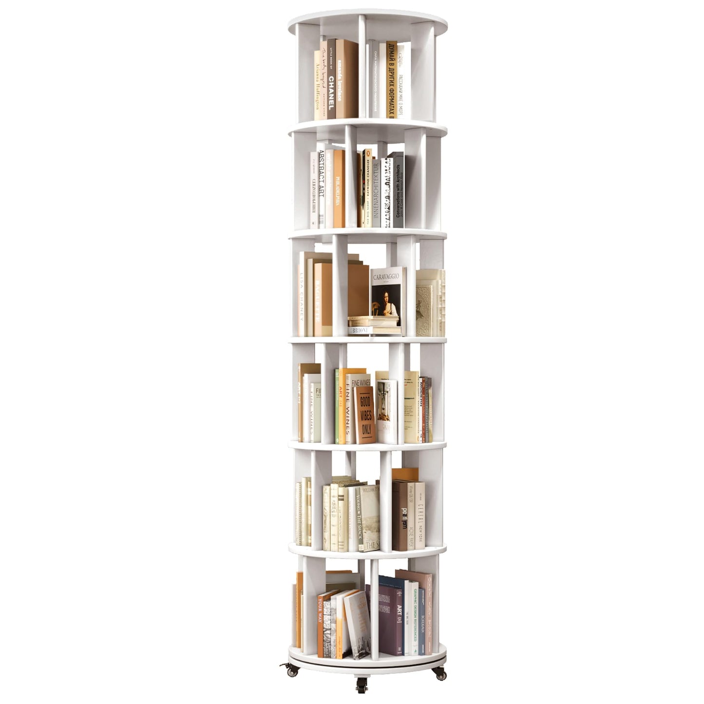 6 Tier Rotating Bookshelf Tower Spinning Bookshelf with Swivel Wheels Book Shelf Rotating Storage Tower for Kids Adult Narrow Walnut Solid Wood Revolving Bookcase Organizer for Bedroom Living Room