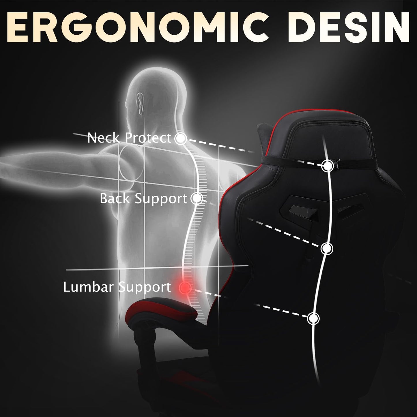 Vonesse Gaming Chair,Computer Chair with Footrest and Massage,Reclining Gaming Chairs for Adults,Big and Tall High Back Gamer Chair (Red/Black)
