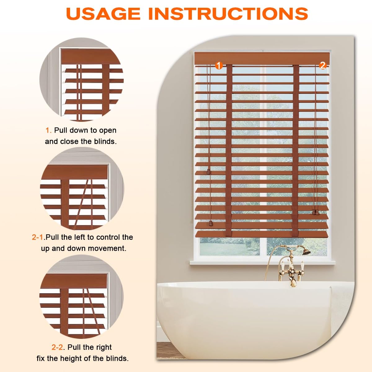 2" Slats Faux Wood Blinds, Room Darkening Cordless Horizontal Blinds Shades, Privacy Blackout Wooden Blinds for for Indoor Windows, Home, Office, Bedroom, Bathroom, Living Room
