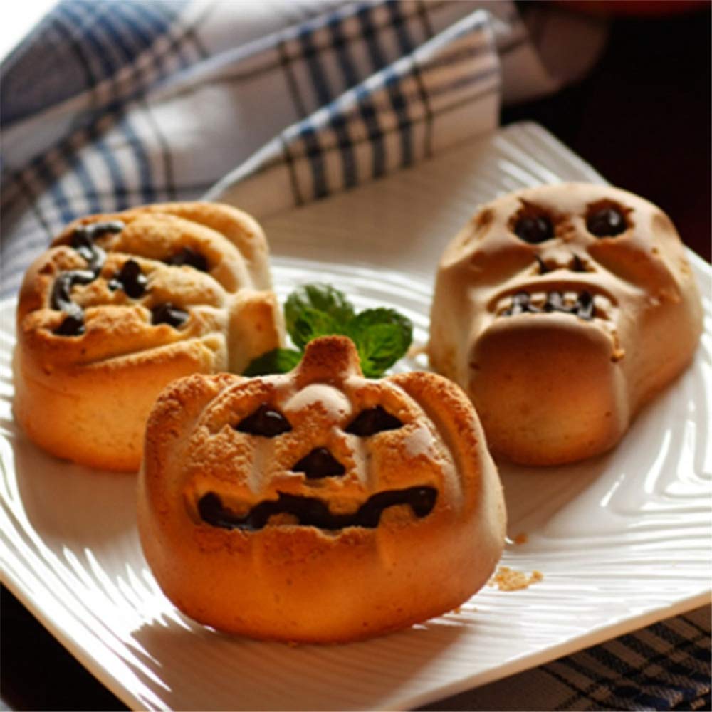 3 PCS Silicone Halloween Ghost Pumpkin Baking Mold Set Non-Stick Chocolate Jelly Fondant Cake Baking mold for Party Gift Handmade Soap Molds with Shape of Skull Bat Ghost