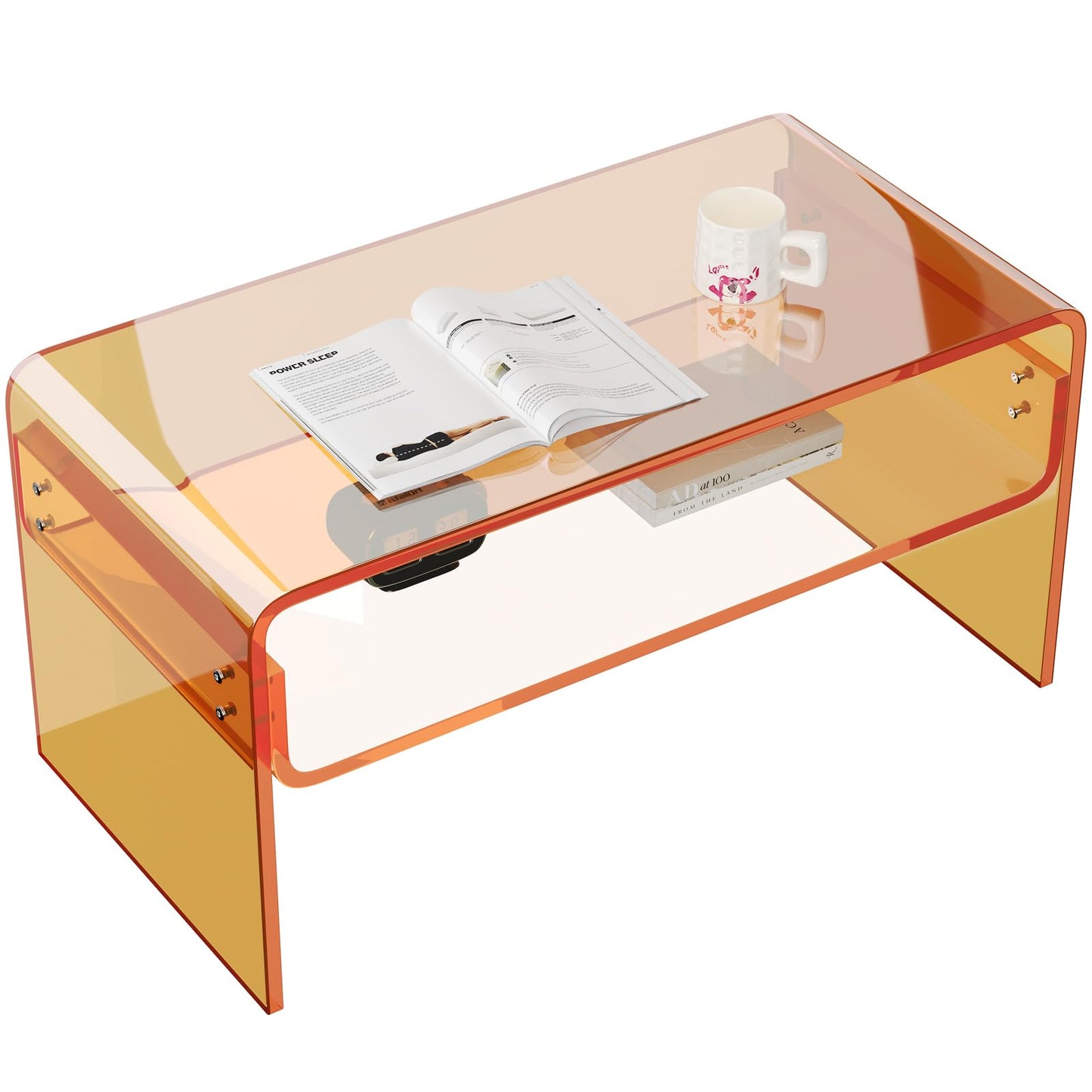 XOHYW Acrylic Coffee Table, Orange Rectangle Acrylic Side Table Furniture, Modern Tea Table with Open Storage, Acrylic End Table for Living Room, Office Reception and Bedroom