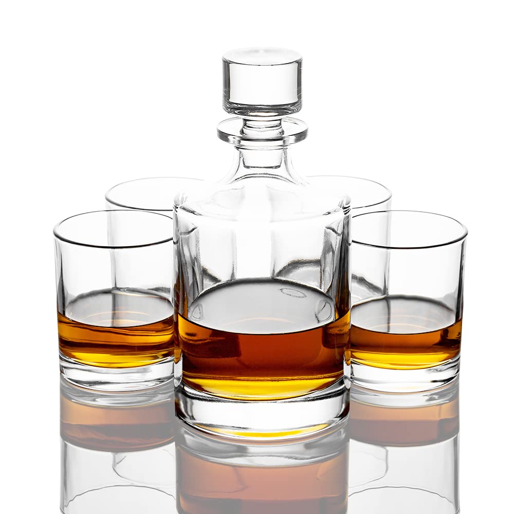 Whiskey Decanter Set with 4 Glasses in Gift Box by Verolux, Gifts for Men and Women, Classic Design with Glass Stopper 31Oz - Scotch, Liquor, Whisky, Bourbon, Gin, Rum, Tequila, Vodka and Brandy