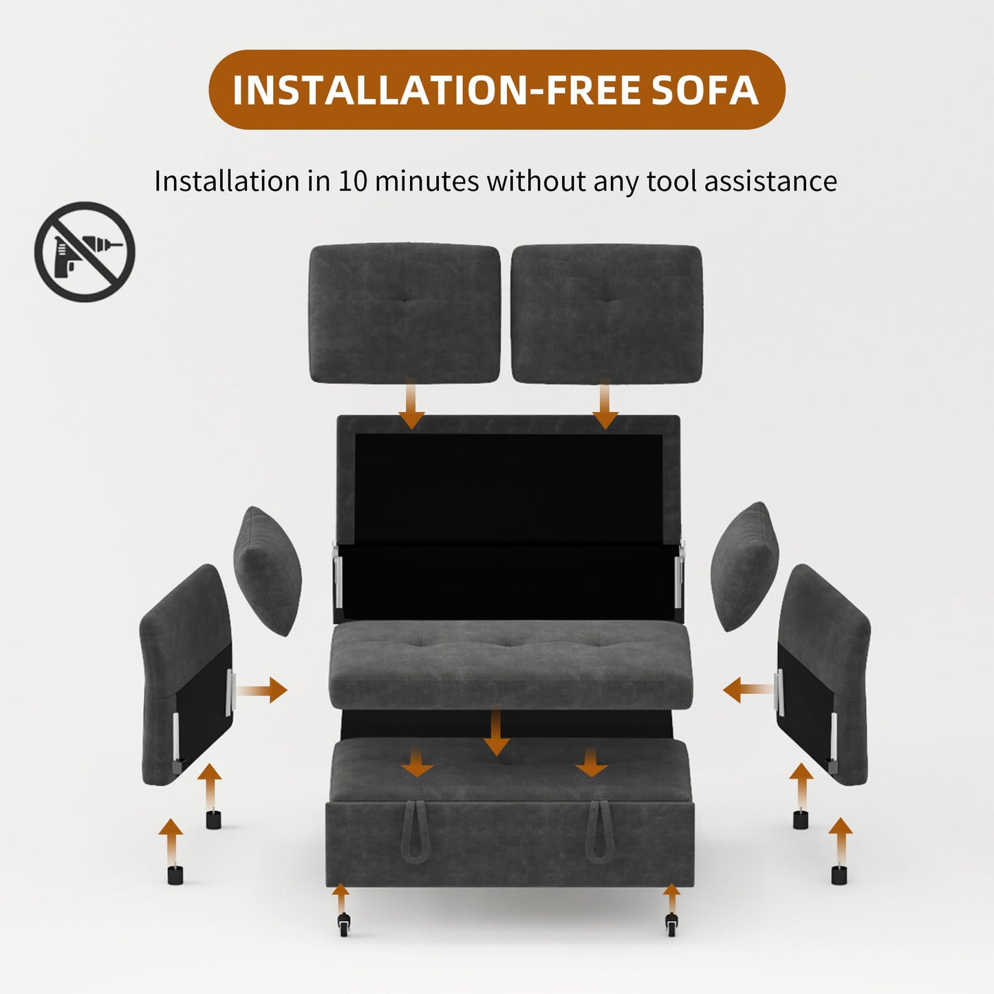 3 in 1 Convertible Sleeper Sofa Bed Tool-Free Assembly, Adjustable Backrest Velvet Pull Out Couch, Small Loveseat Sectional Sofa Bed with Side Pocket, Futon Couches for Living Room, Bedroom, Black