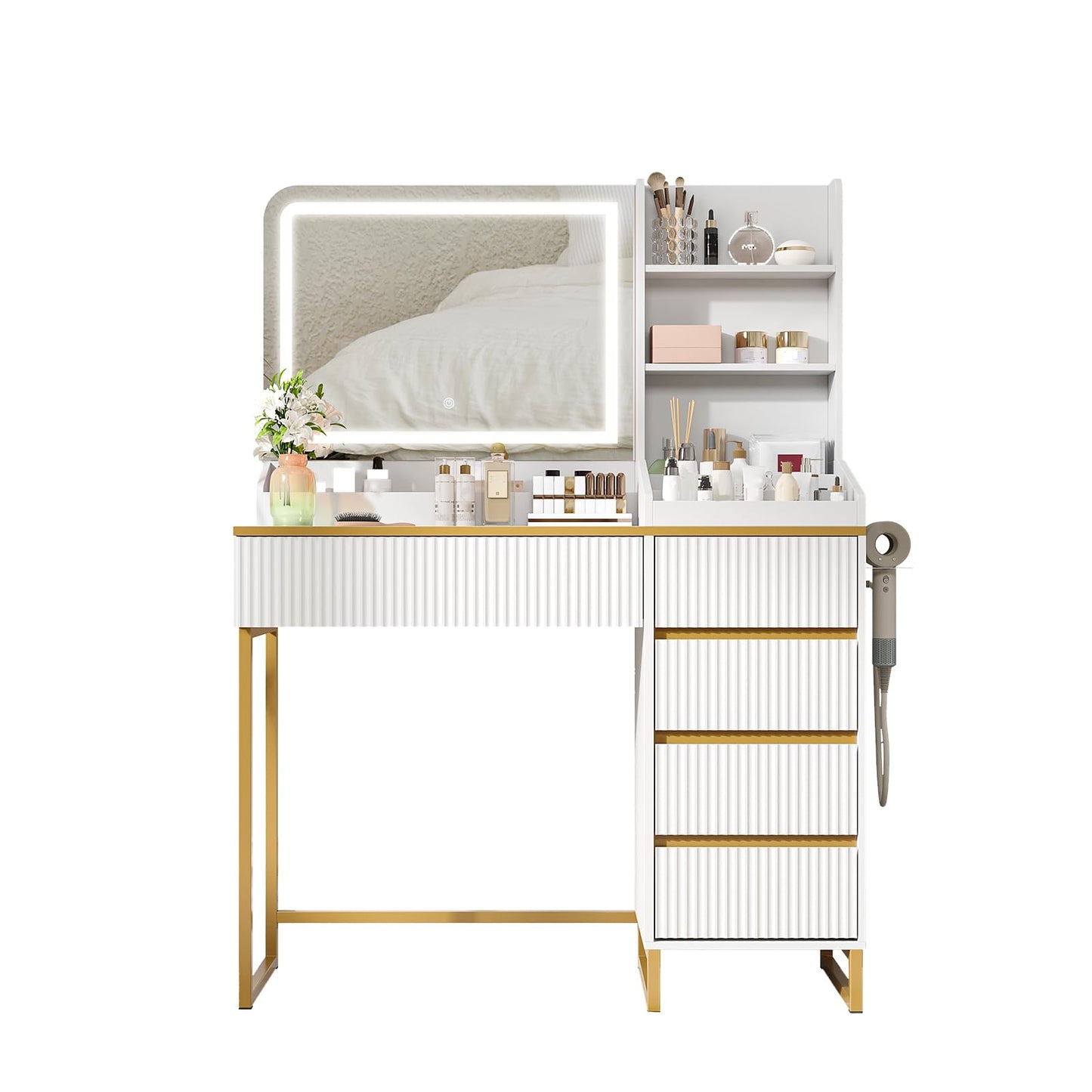 White and Gold Vanity Desk with Mirror and Lights Makeup Vanity with 5 Drawers and Charging Station, Vanity Table for Bedroom