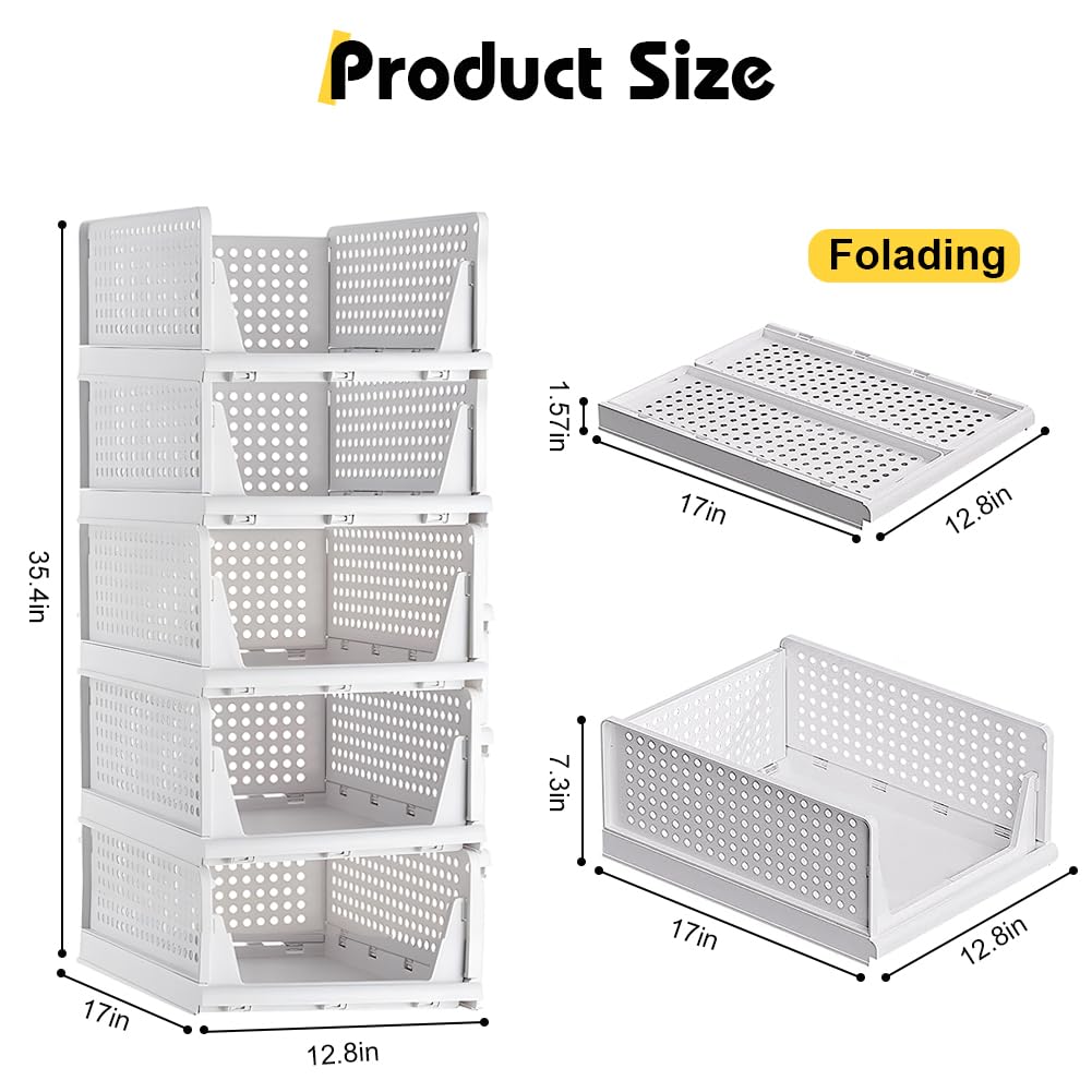 yazi 5 Pack Stackable Closet Storage Box,Closet Shelf Organizer and Storage Plastic Drawer Storage,Wardrobe Organizer Closet Organizers Storage Box for Cupboard Kitchen, Office(5L)