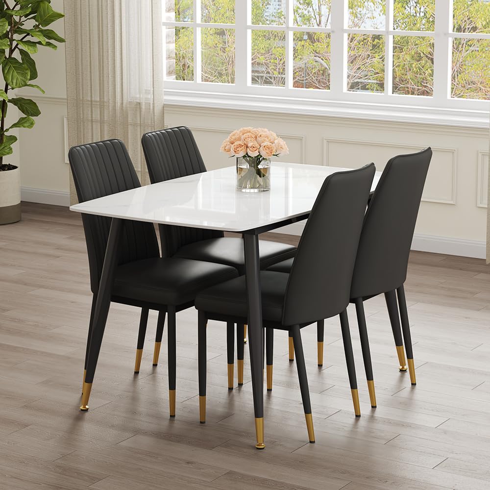 WEKEOT 50" White Marble Dining Table Set for 4 - Sintered Stone Tabletop & 4 Upholstered PU Leather Chairs - Modern Dining Room Set for Small Spaces (1 White Table + 4 Black Chairs)