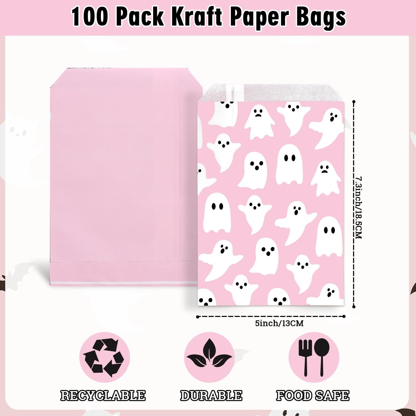 Whaline 100Pcs Halloween Treat Bags 5 x 7.3in Pink White Ghost Candy Goodie Bags Cute Party Favor Snack Bag Buffet Paper Bag for Chocolate Cookie Goodies Party Favor